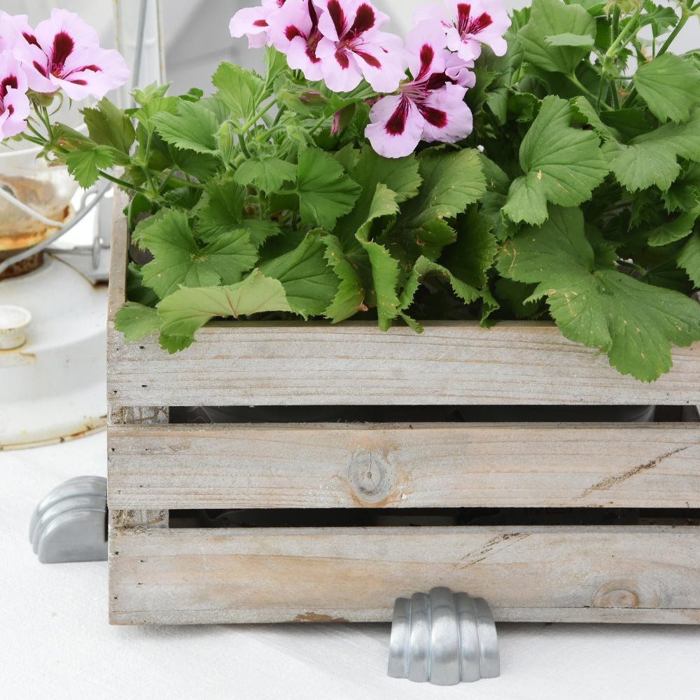 Wooden planter box elevated with silver POT PAWS pot feet for drainage and surface protection