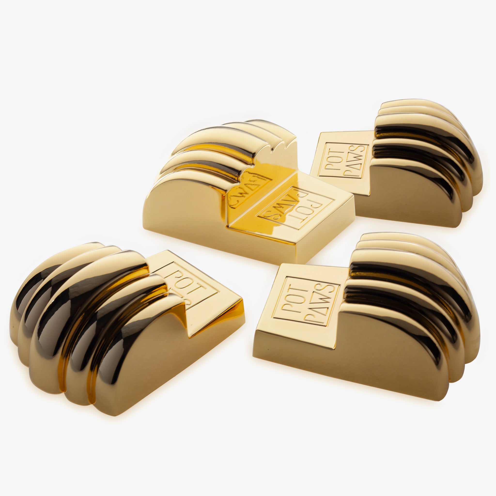 Gold stainless steel pet bowl weights with engraved POT PAWS logo