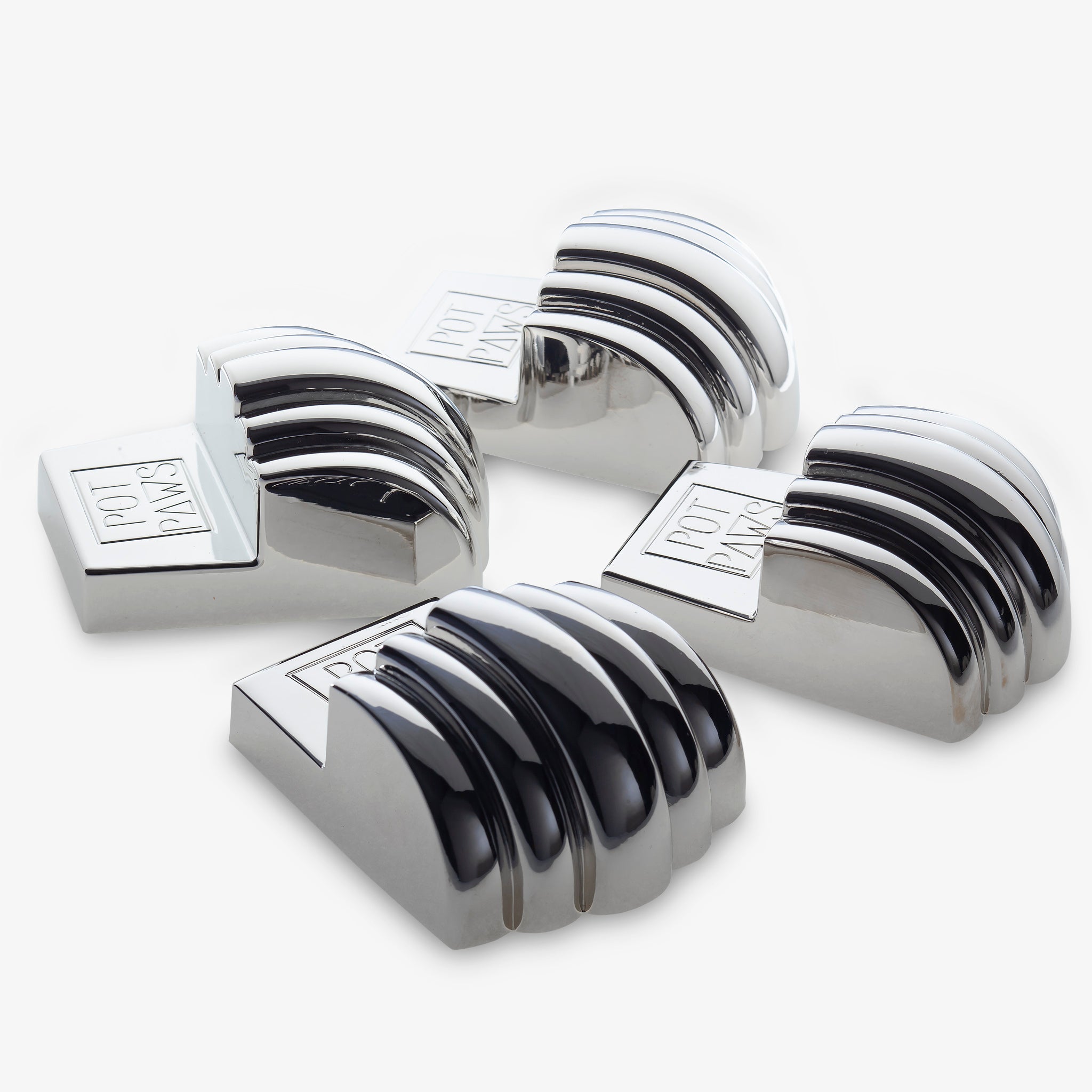 silver stainless steel pet bowl weights with engraved POT PAWS logo