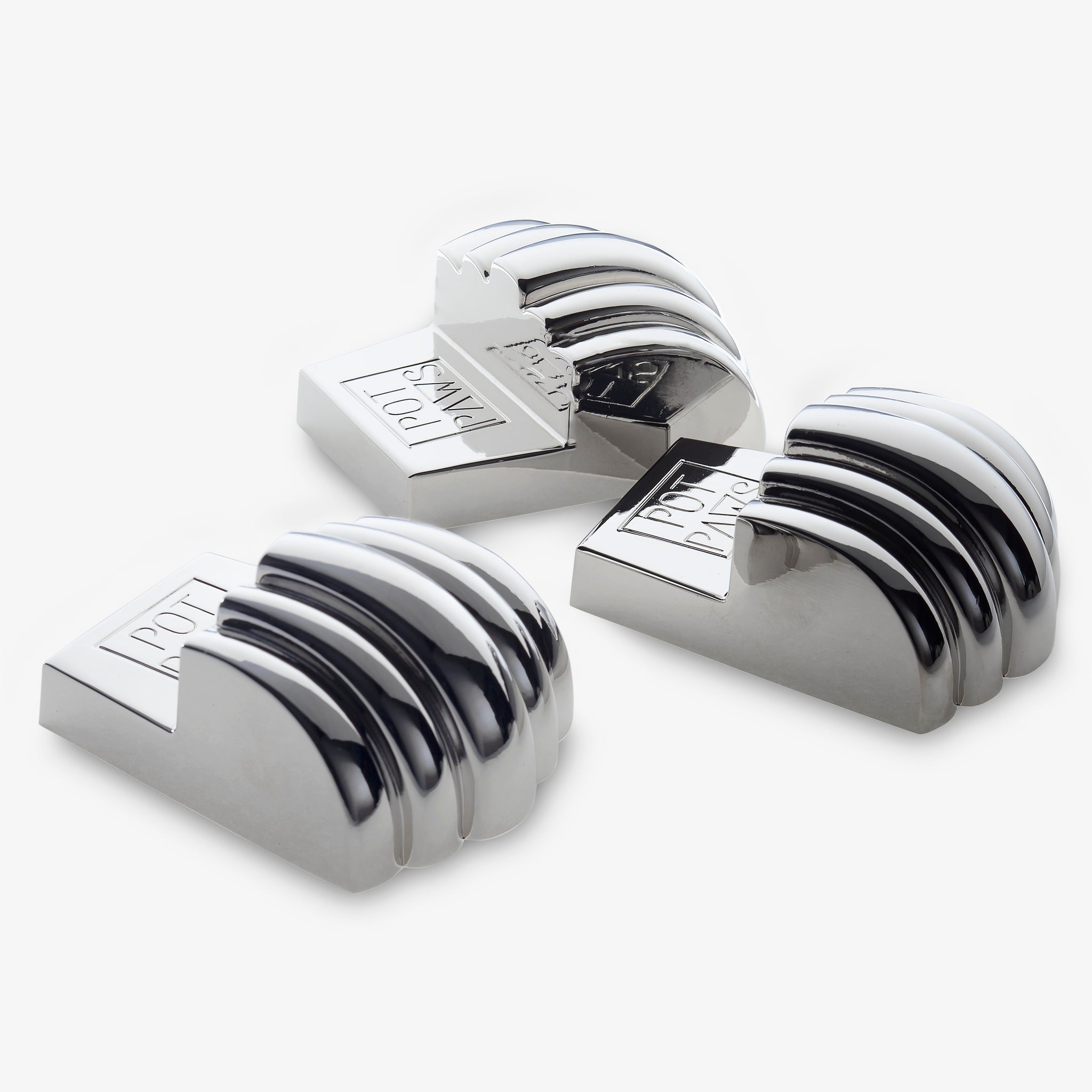 Silver paw-shaped pet bowl weights with engraved POT PAWS logo