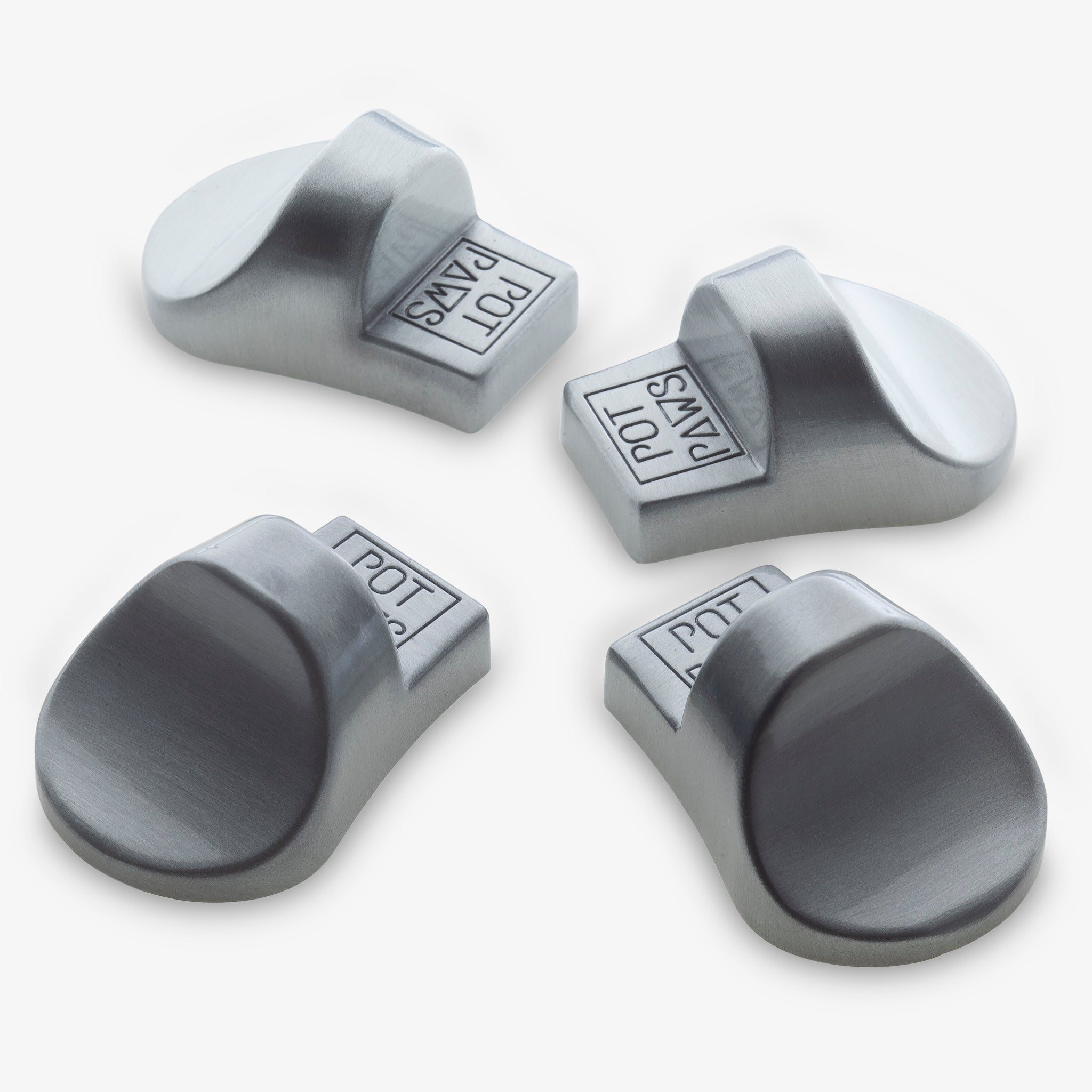 Silver stainless steel pet bowl weights with engraved POT PAWS logo