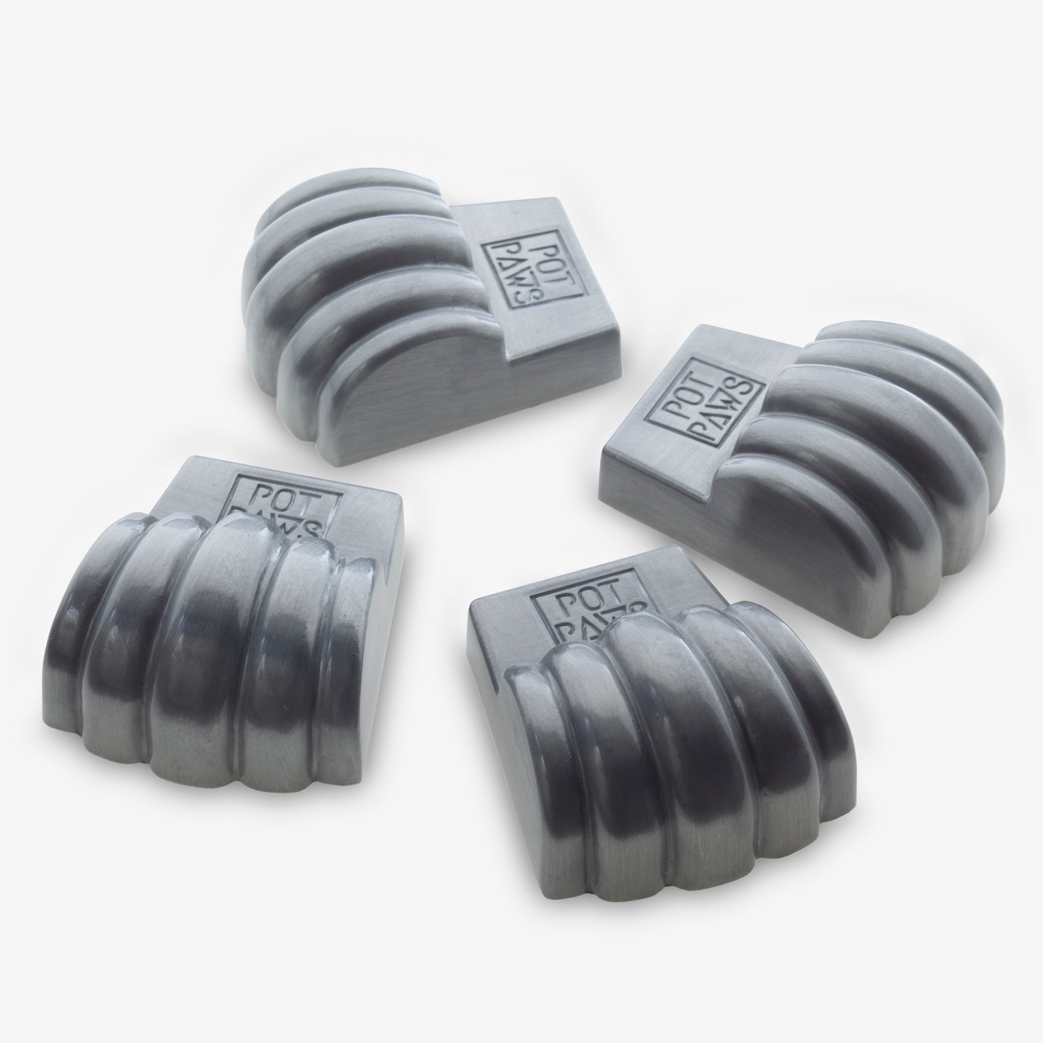 gray paw-shaped pet bowl weights with engraved POT PAWS logo