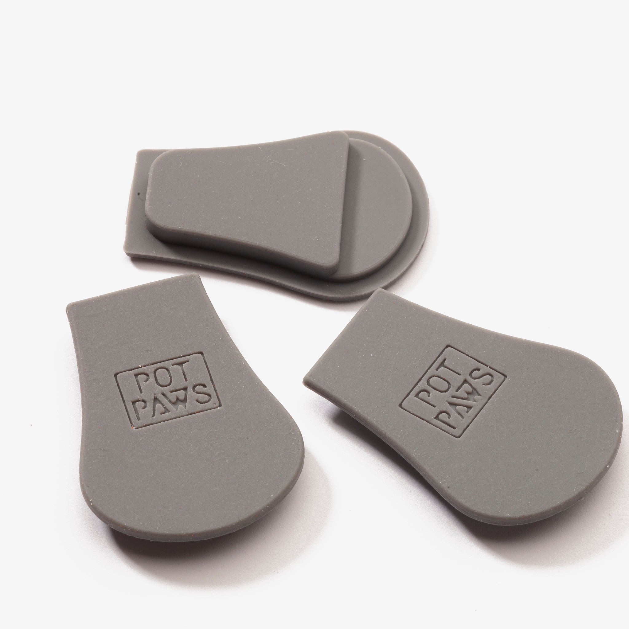 Gray silicone pet bowl weights with POT PAWS logo