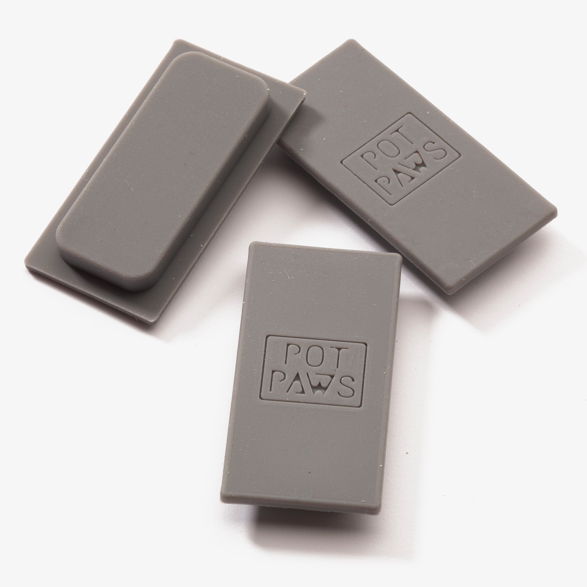 Gray silicone rectangular pet bowl mats with POT PAWS logo