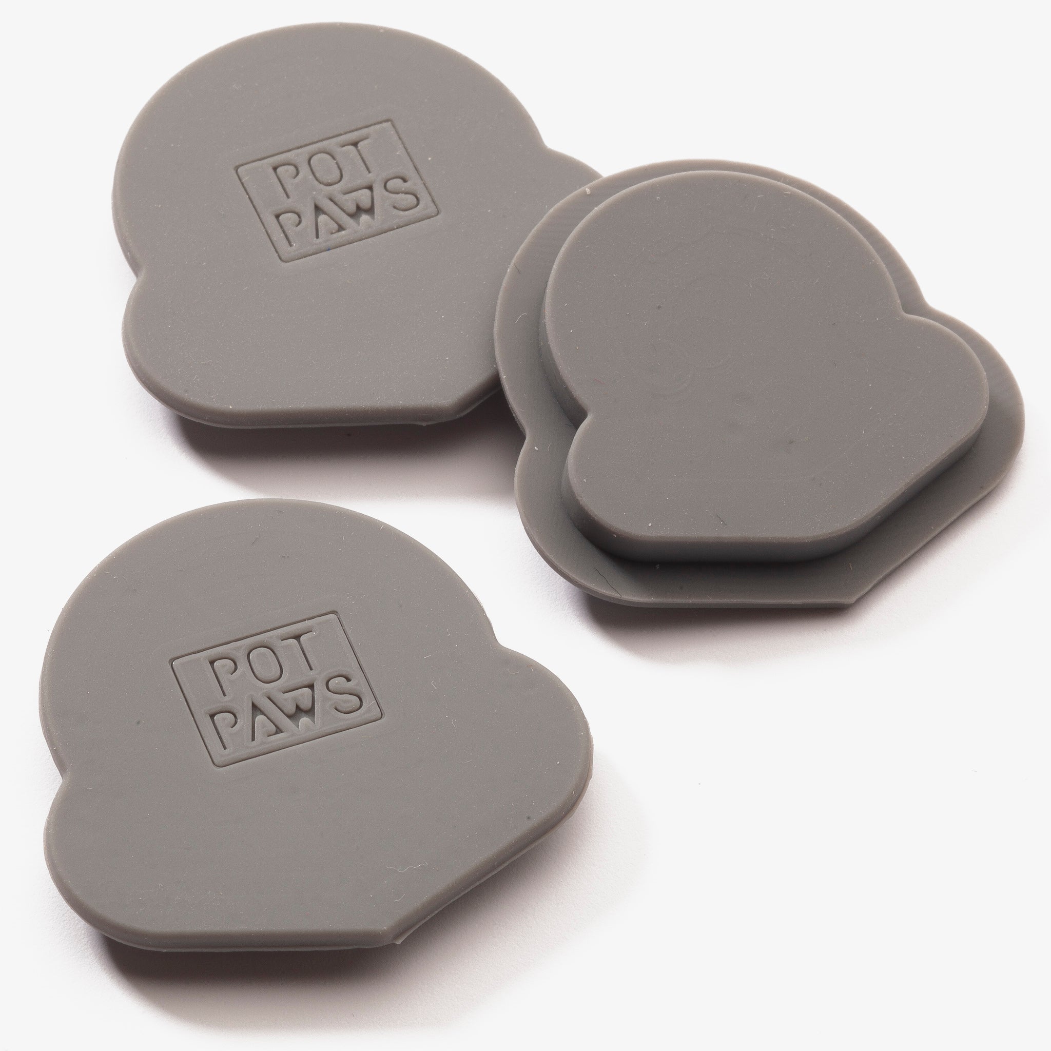 Gray silicone pet bowl weights with POT PAWS logo