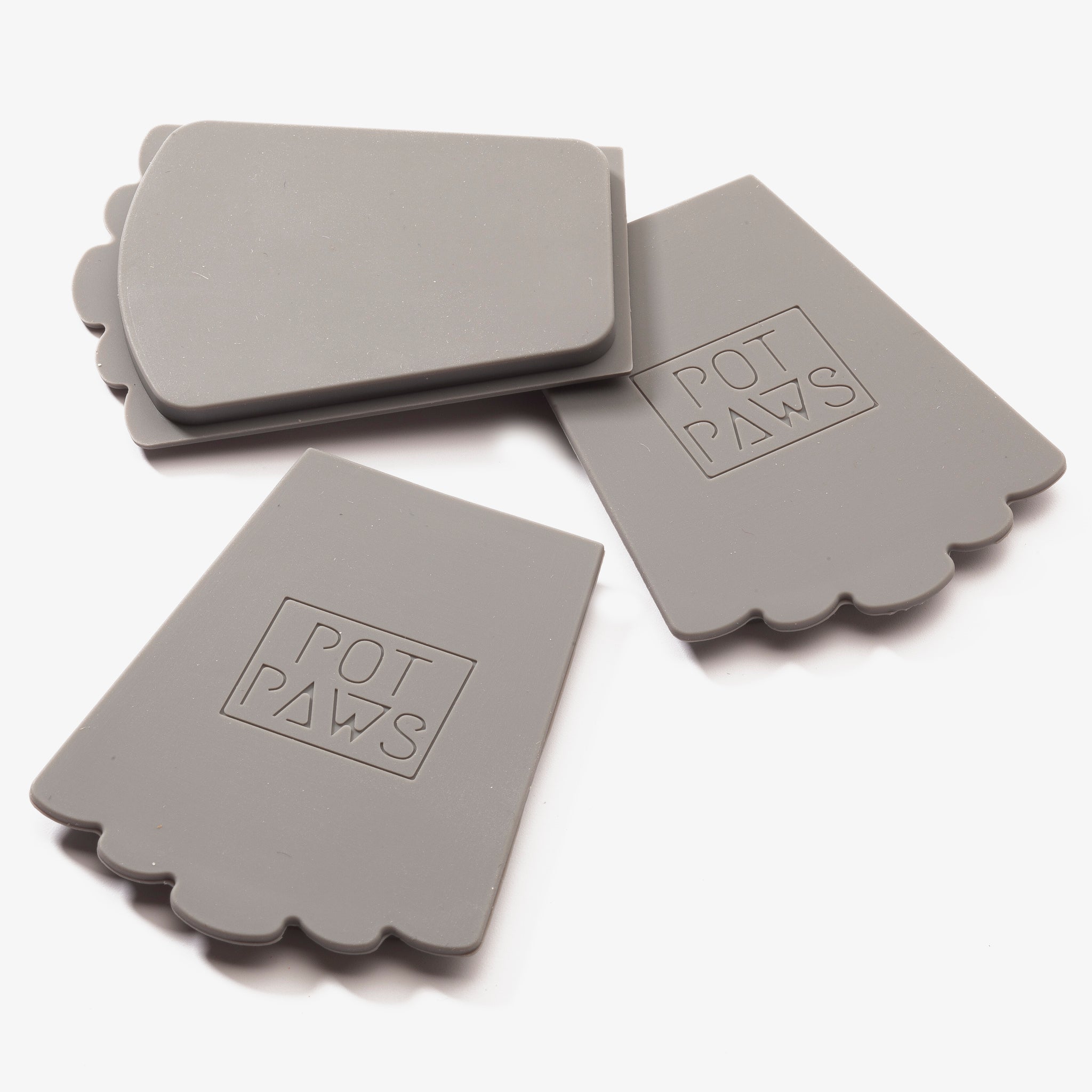 Gray silicone pet bowl mats with POT PAWS logo