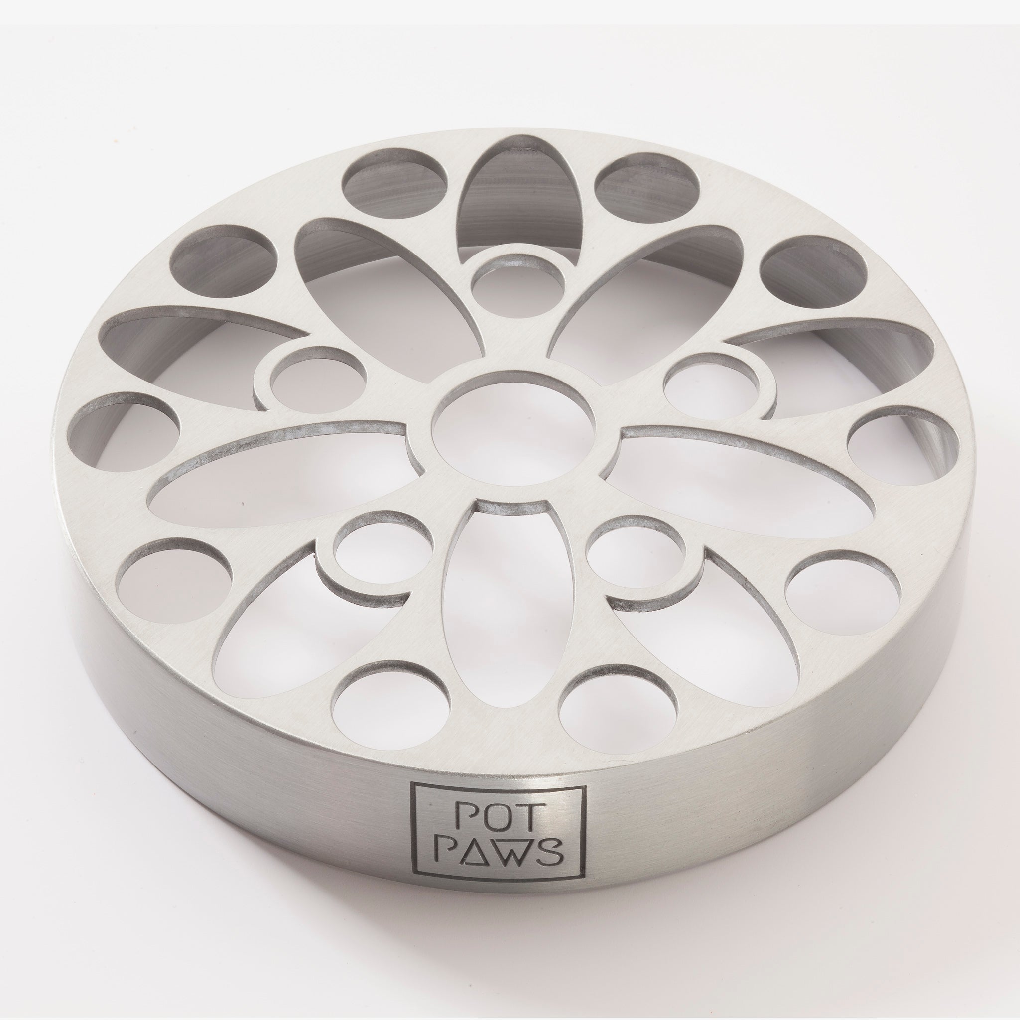 Silver stainless steel pet bowl insert with decorative cutouts and POT PAWS logo
