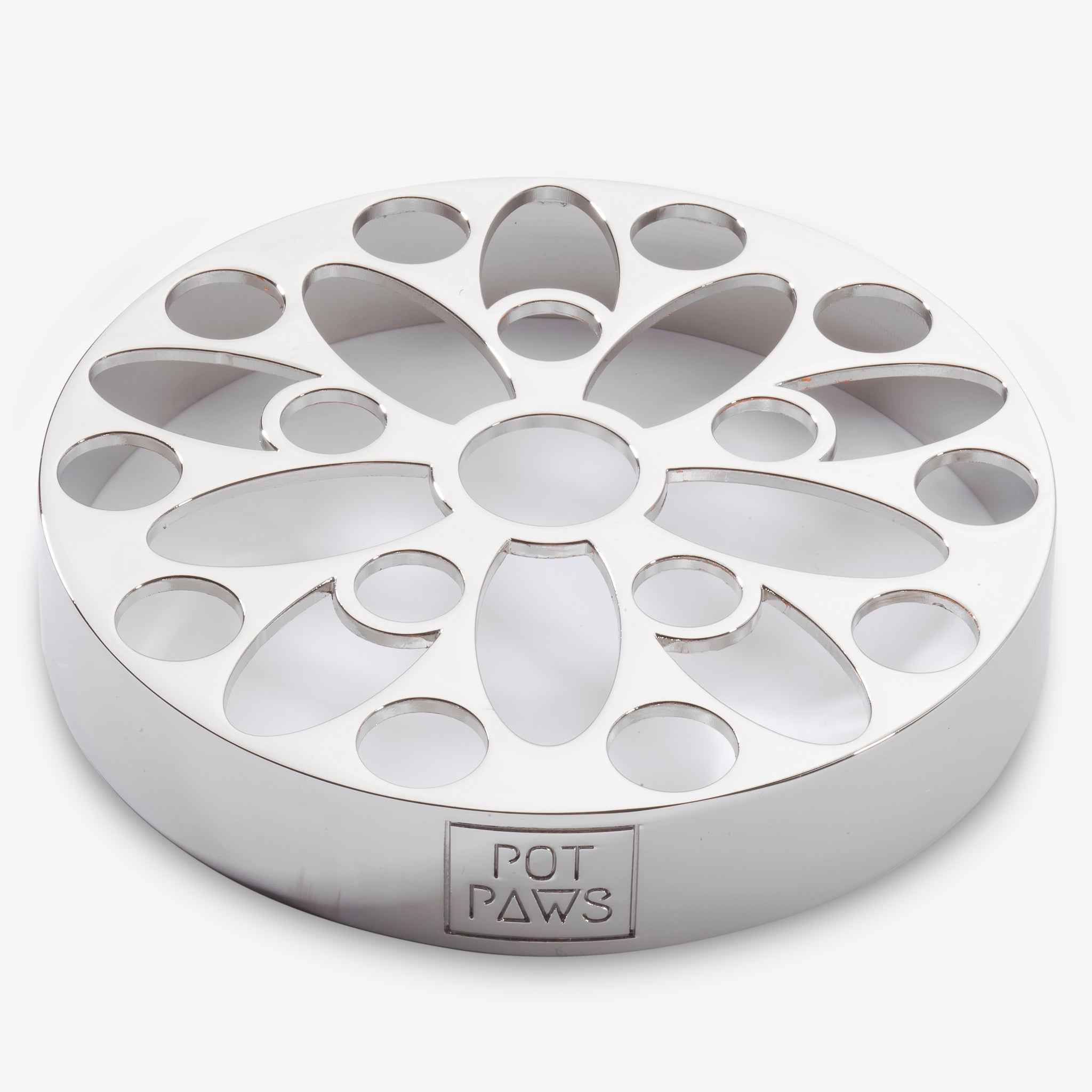 Silver stainless steel pet bowl insert with decorative cutouts and POT PAWS logo