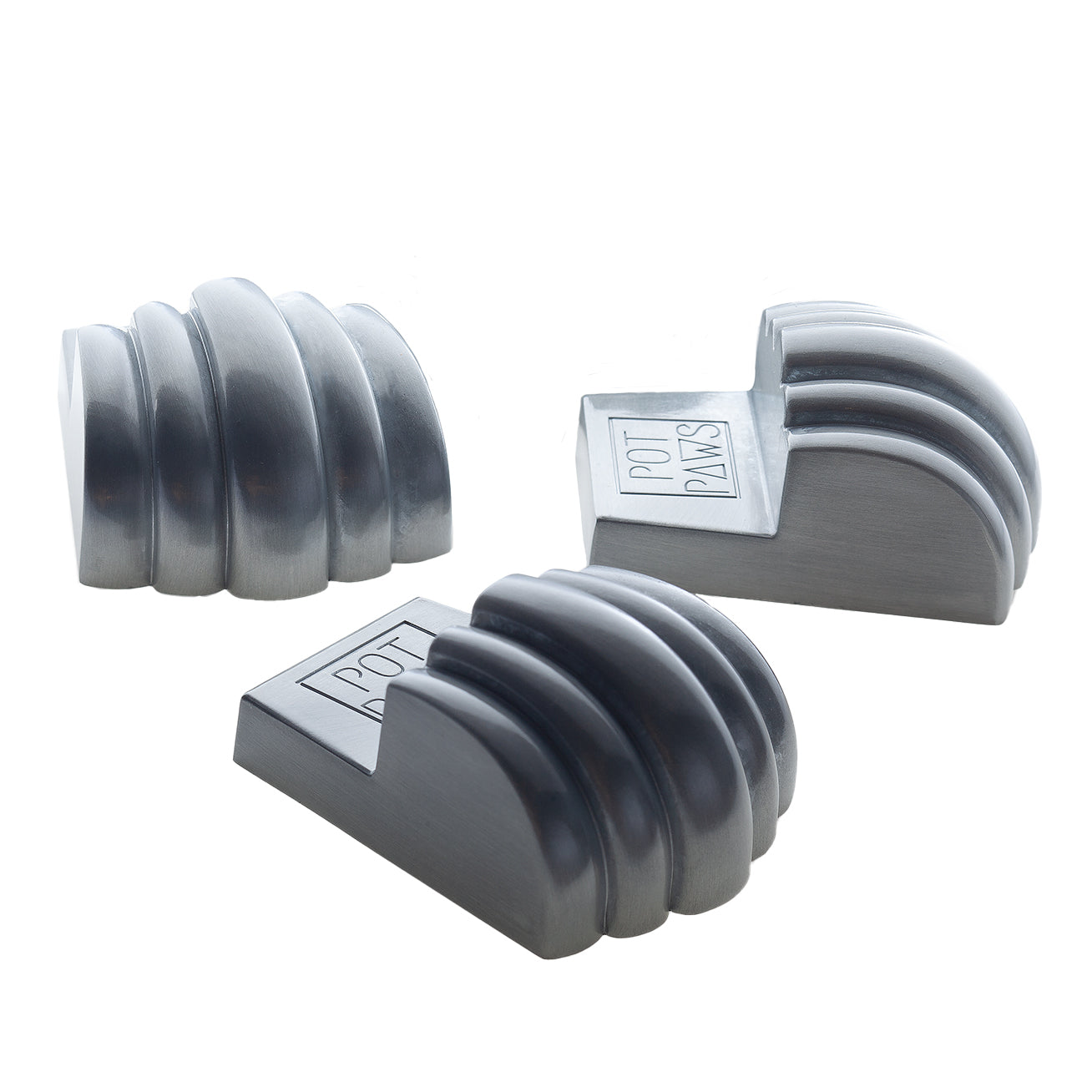 Set of three silver metal pot feet with ribbed design