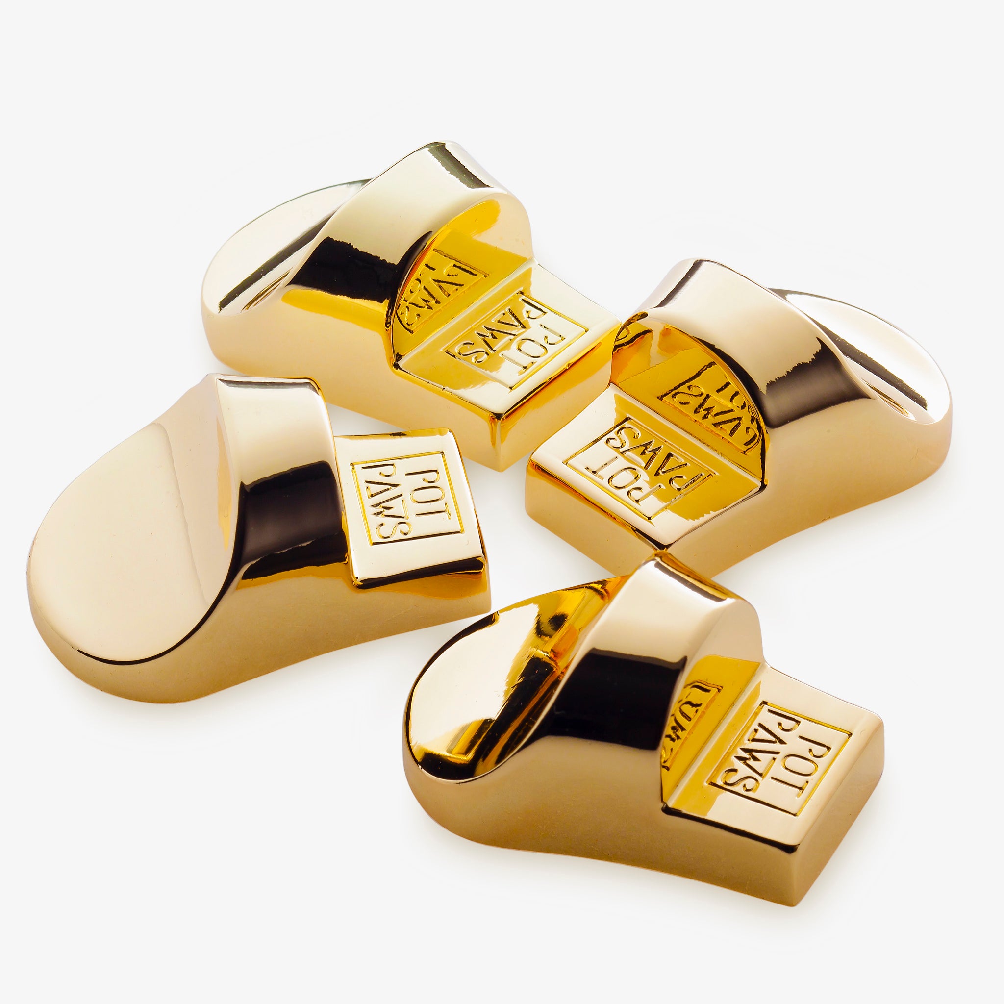 Gold stainless steel pet bowl weights with engraved POT PAWS logo