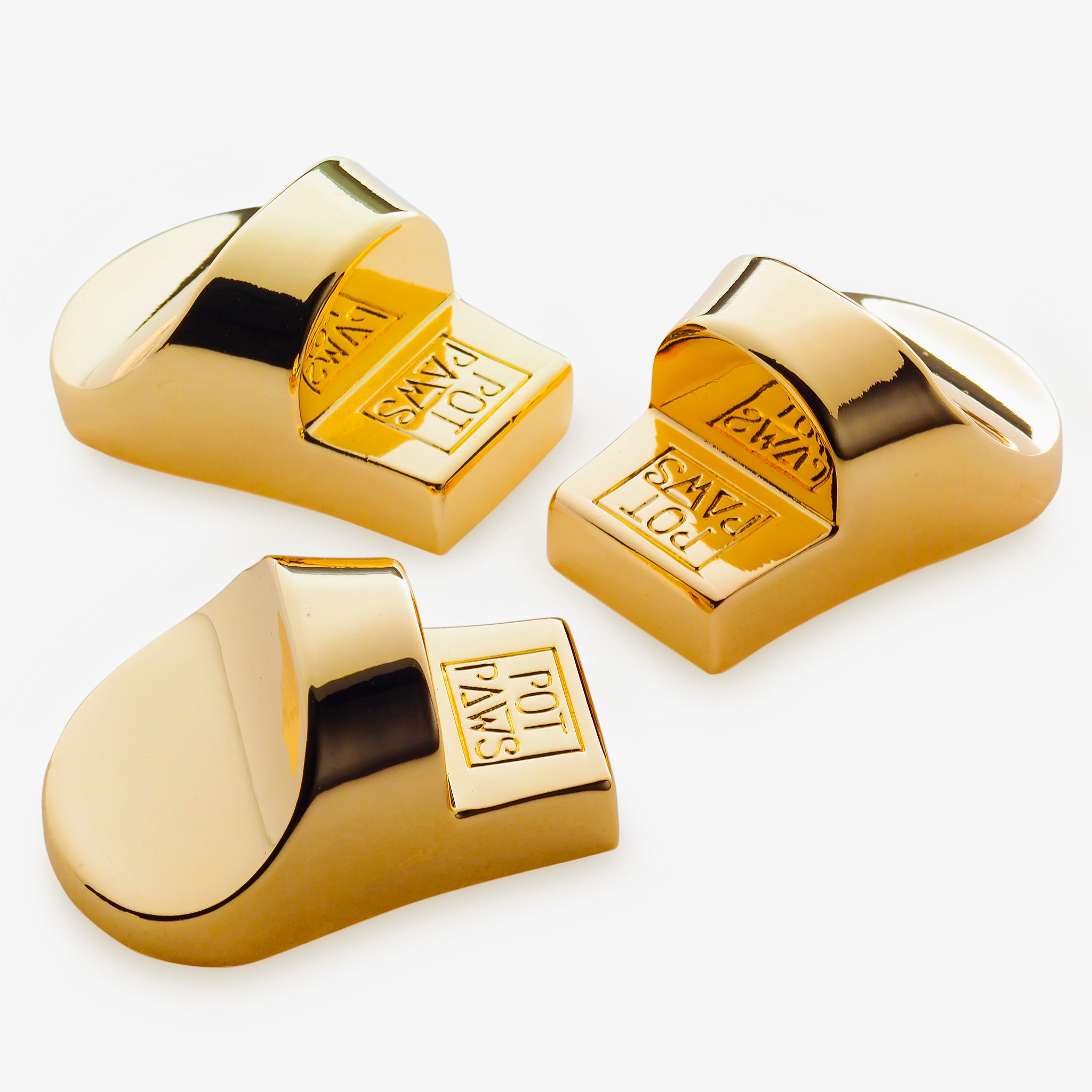 golden stainless steel pet bowl weights with engraved POT PAWS logo