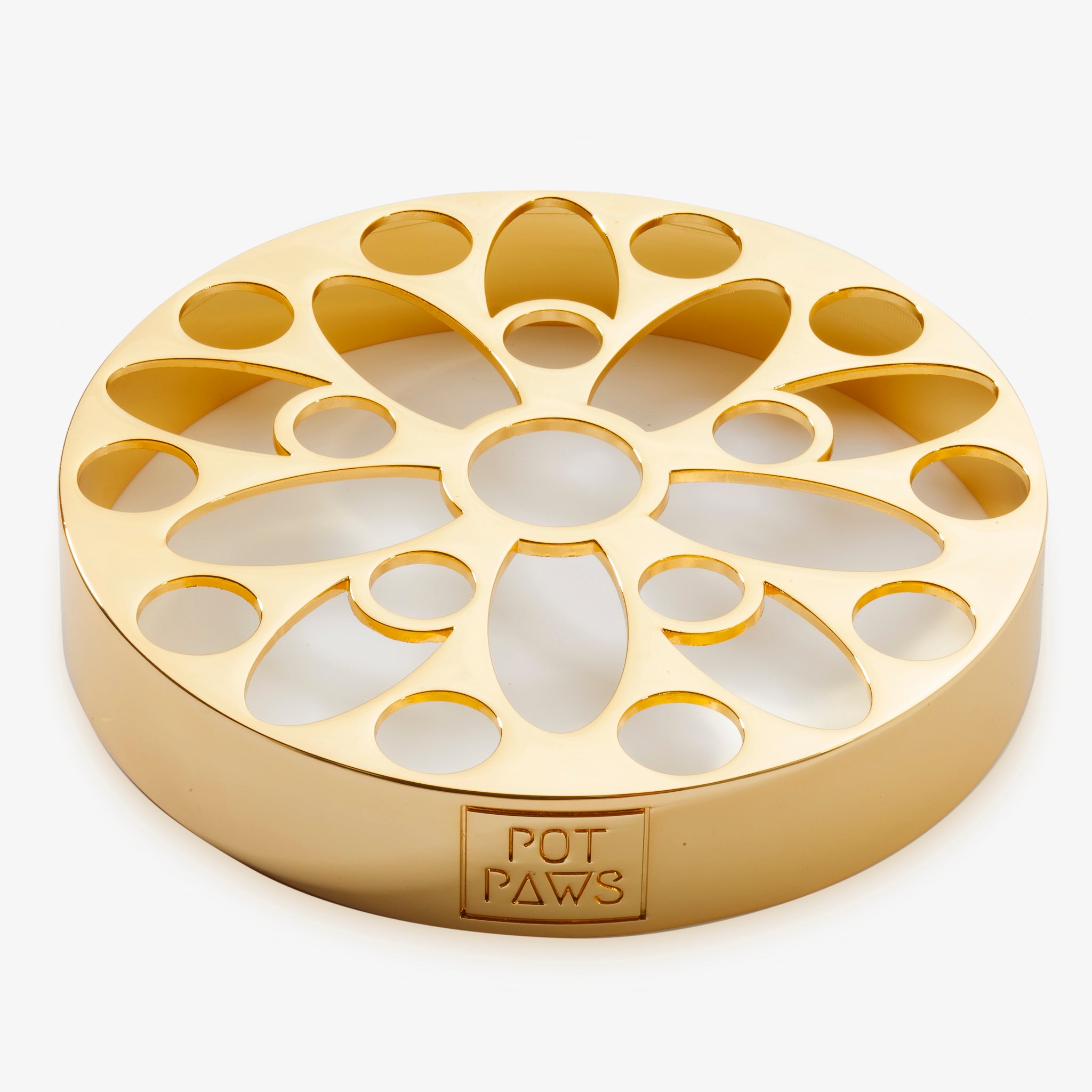 Gold-colored decorative pet food bowl insert with paw-shaped cutouts and POT PAWS logo