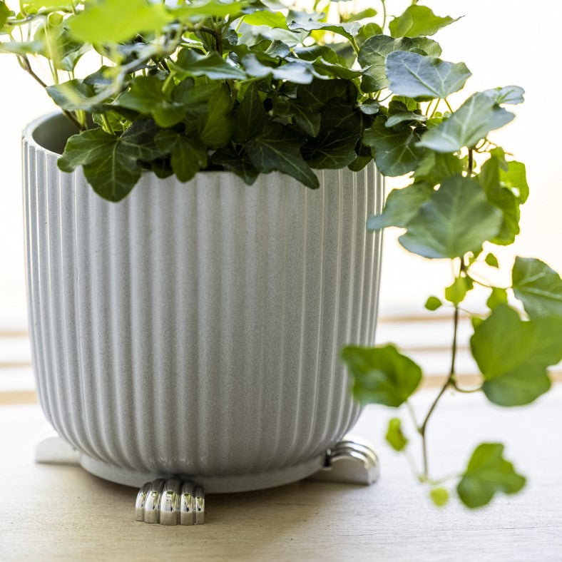 White plant pot elevated with silver POT PAWS pot feet on a wooden surface