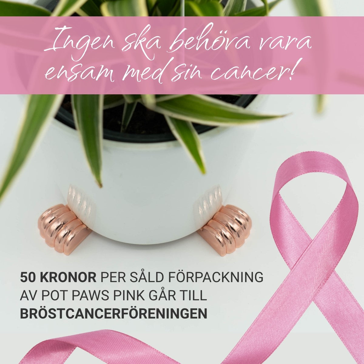 Pot Paws Pink under kruka med rosa band och text om stöd till Bröstcancerföreningen