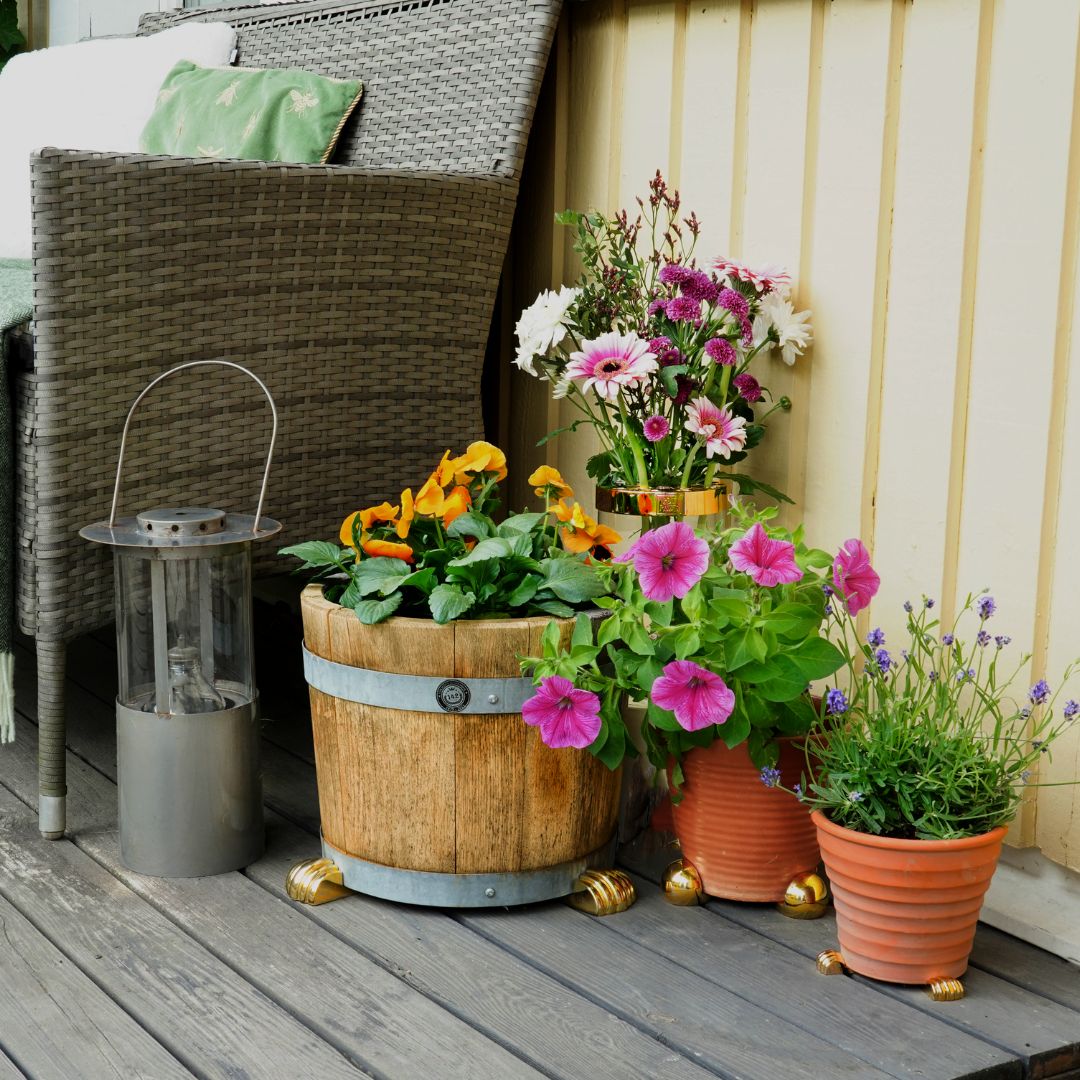 Uteplats med blommor i krukor och kruktassar